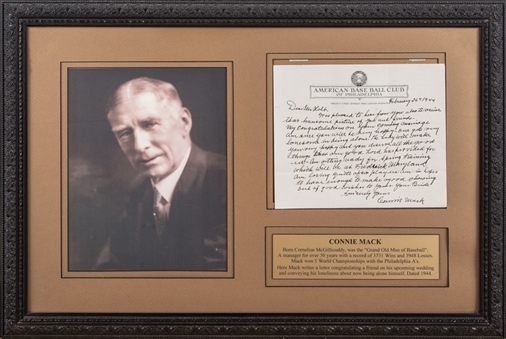 Connie Mack Handwritten and Signed Letter on American Baseball Club of Philadelphia Letterhead Framed Collage 17x25" (Beckett GEM MT 10)